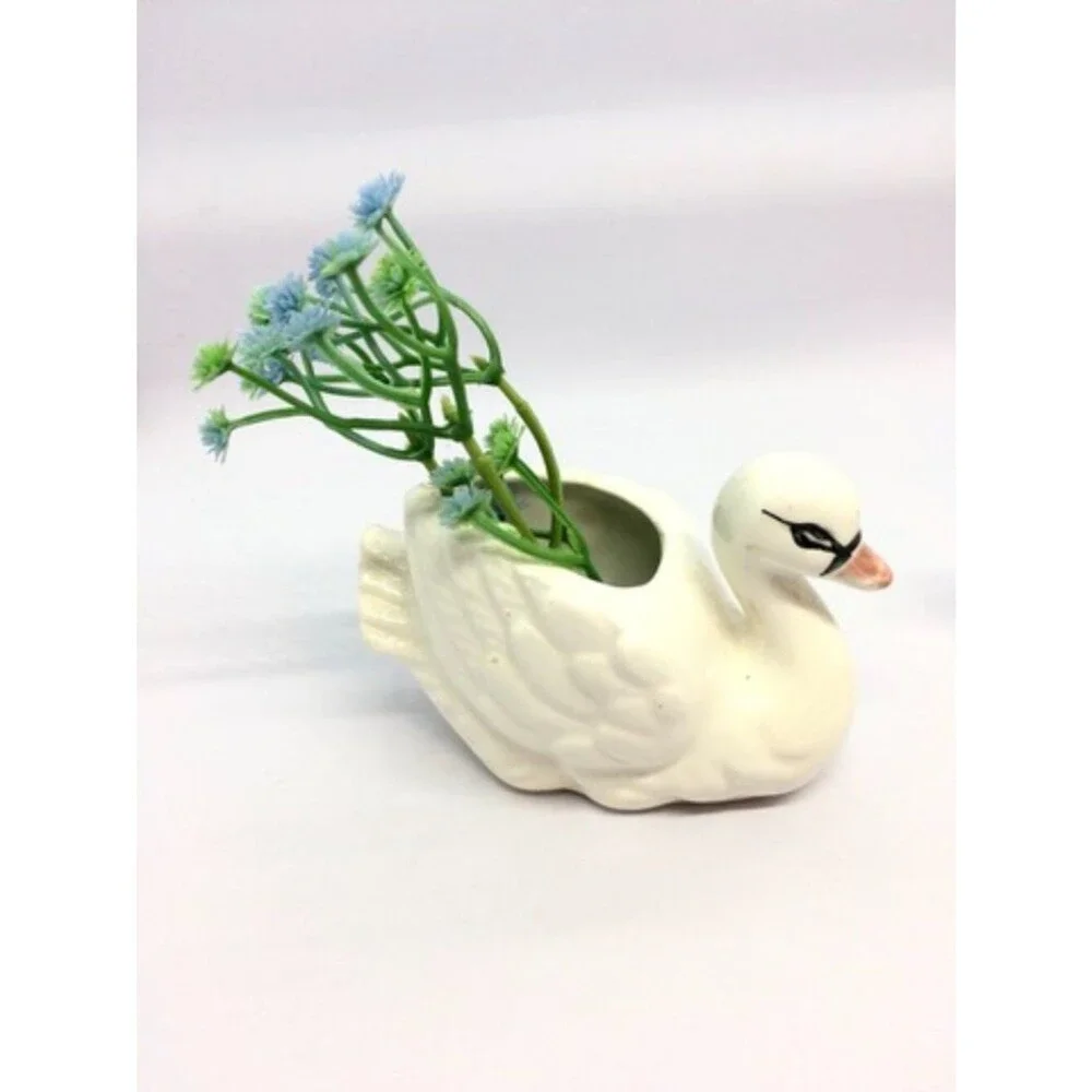 VINTAGE SWAN PLANTERS White Ceramic Pair Made In Japan MCM Bird Figurines